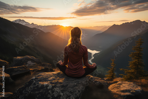 A person practicing yoga on a scenic mountaintop, reflecting balance and well-being. Generative Ai. © Sebastian
