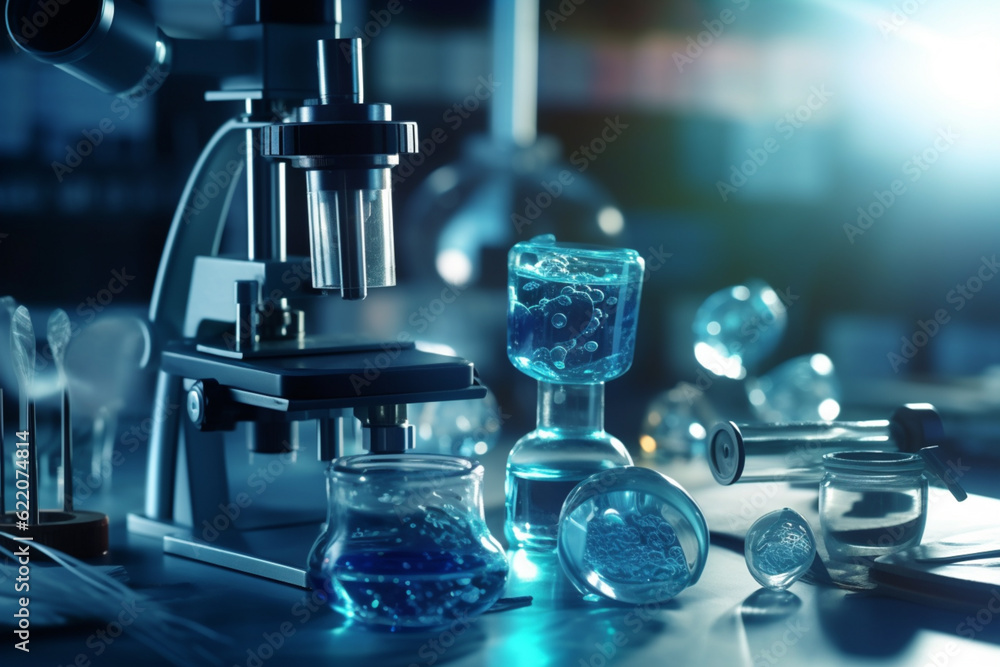 microscope with lab glassware, science laboratory research and development concept microscope with lab glassware, science laboratory research and development concept