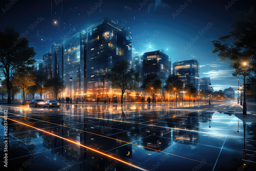 Futuristic smart city with interconnected infrastructure, envisioning a technologically advanced urban environment. Generative Ai.