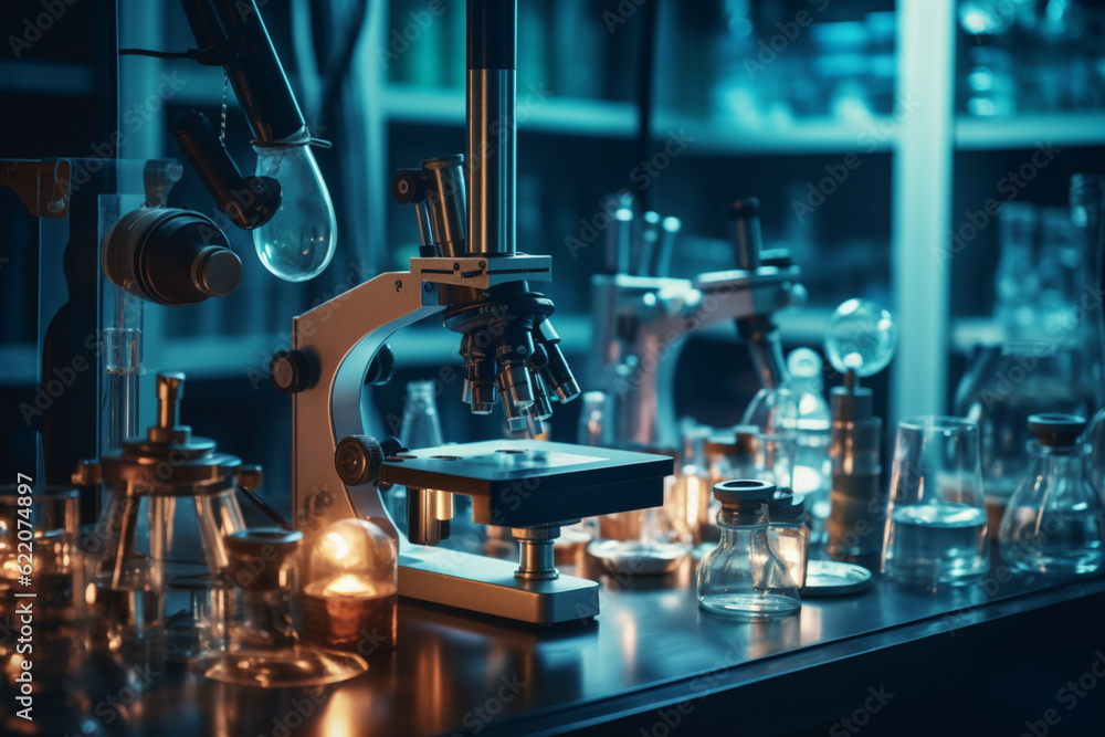 microscope with lab glassware, science laboratory research and development concept microscope with lab glassware, science laboratory research and development concept