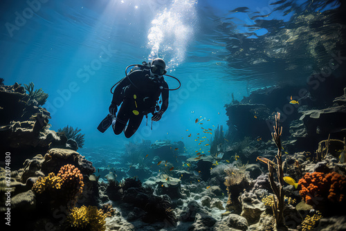 Exploration of underwater ecosystems through scuba diving, discovering the wonders of marine life. Generative Ai. © Sebastian
