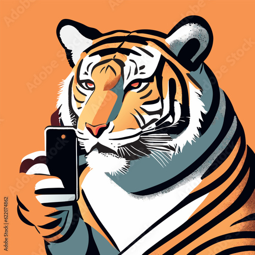 Highdefinition picture quality, a threedimensional and dynamic tiger, holding a smartphone Japanes, vector illustration flat