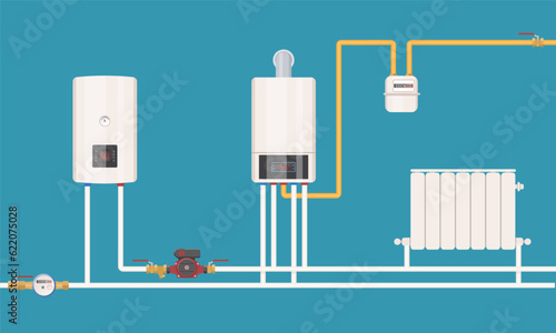 Home heating system. Poster with pipesline and pump, boiler and radiator, gas and water meter. Control measuring devices with modern mounted tank in basement of house. Cartoon flat vector illustration