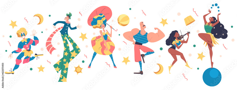 Circus characters set. Carnival or street festival with musicians and clowns, gymnasts and strongman. Smiling cheerful people perform bright show. Cartoon flat vector isolated on white background