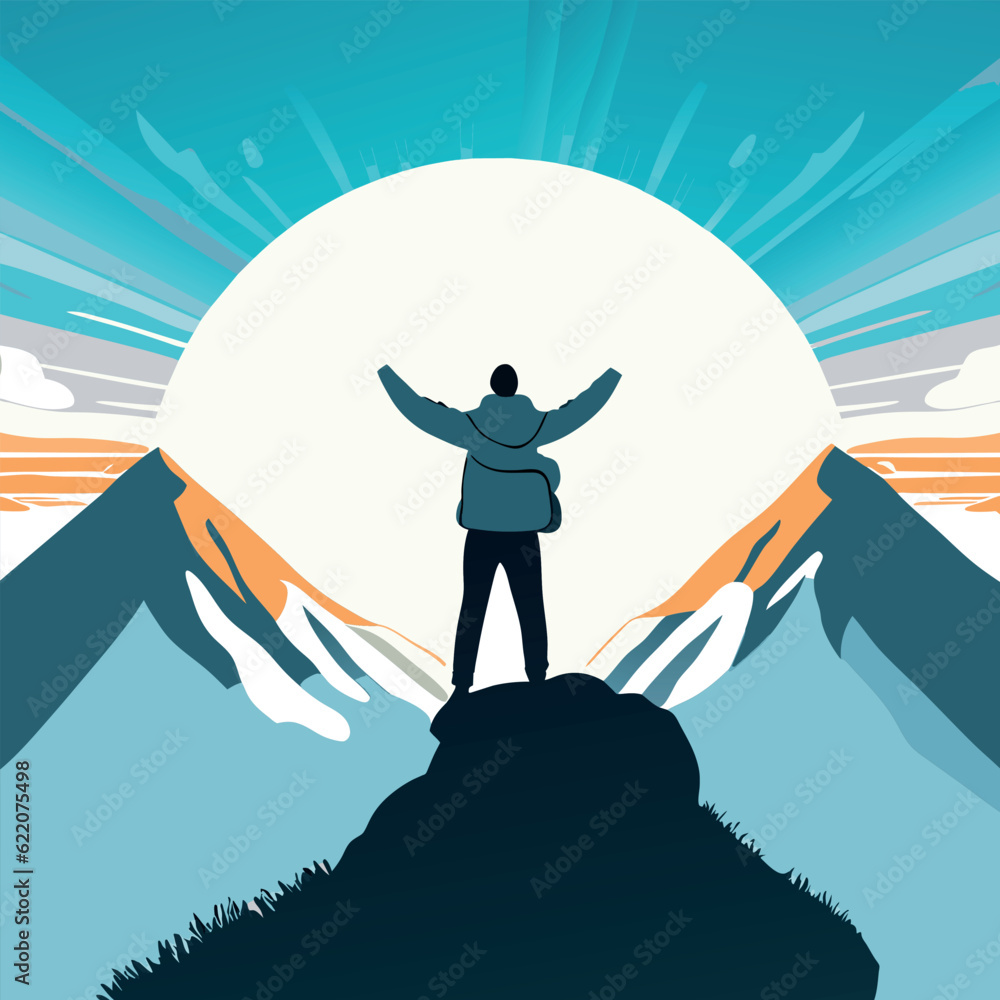 person standing on top of a mountain peak, with arms outstretched, facing a breathtaking sunrise, vector illustration flat