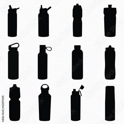 Various types of plastic, steel, glass water bottle silhouette set