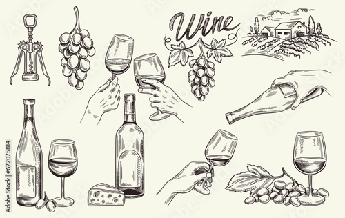 Sketch with wine set. Bottles of alcoholic red and white wine with glass goblets, cheese, vineyard, corkscrew and grapes. Tasting, sommelier and winery concept. Linear flat vector illustration