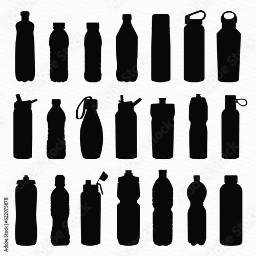 Various types of plastic, steel, glass water bottle silhouette set