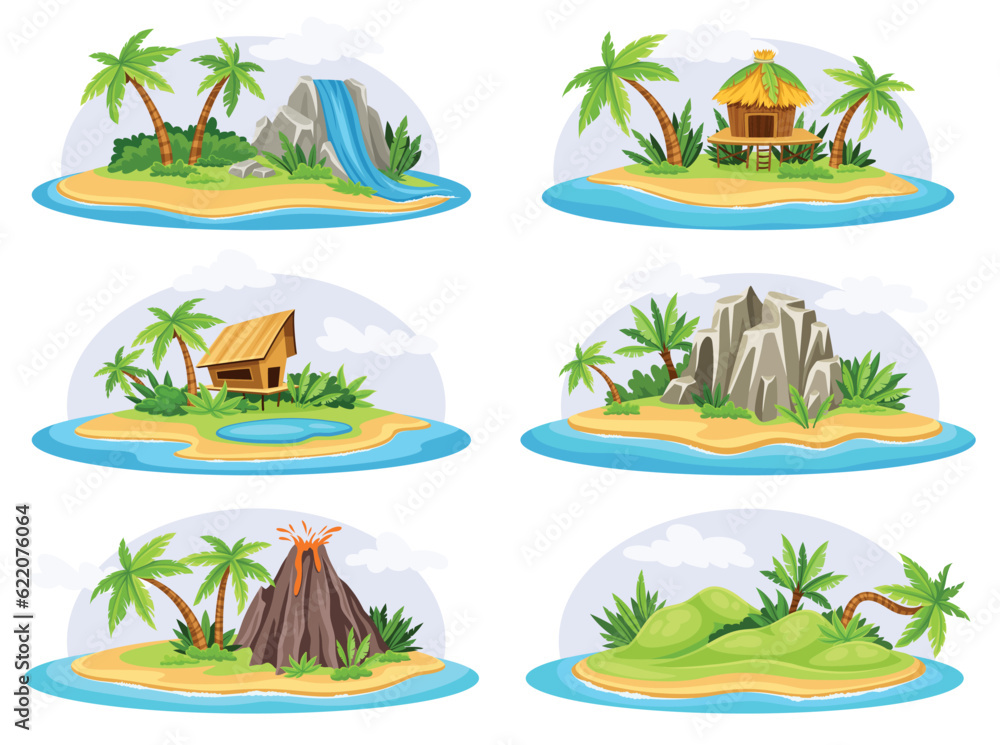 Tropical islands set. Exotic places for weekend with palm trees and waterfalls, rock and volcano. Natural scenery for relaxation and vacation on beach of sea or ocean. Cartoon flat vector illustration