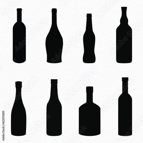 Silhouette set of alcohol bottle including wine, beer, champagne, vodka, beverage, cocktail, whiskey, brandy, rum