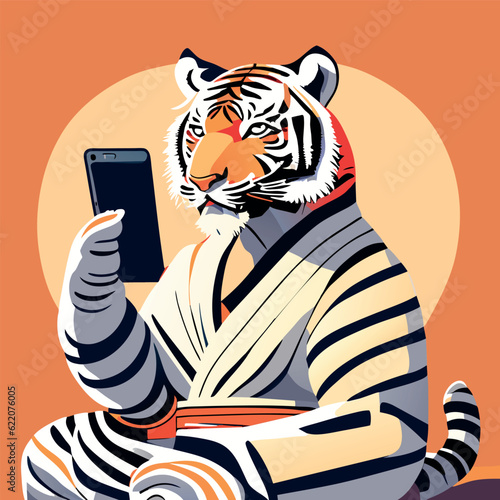 Highdefinition picture quality, a threedimensional and dynamic tiger, holding a smartphone Japanes, vector illustration flat