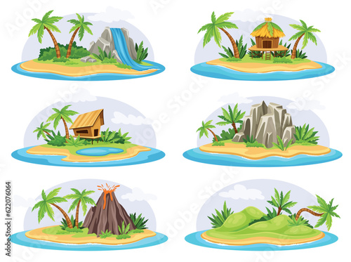 Tropical islands set. Exotic places for weekend with palm trees and waterfalls, rock and volcano. Natural scenery for relaxation and vacation on beach of sea or ocean. Cartoon flat vector illustration