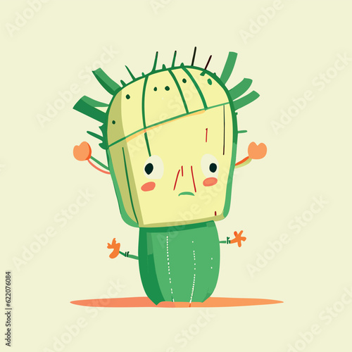 illustration of a cactus cartoon character having a concussion with starts turning on his head, vector illustration flat