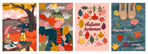 Autumn poster with leaves set. Abstract posters with cozy atmosphere, rainy weather, boy, village landscape and book. Banner with rural nature and deciduous season. Cartoon flat vector illustrations