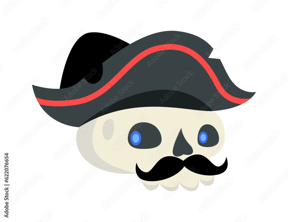 Sea pirate concept. Colorful sticker with skull with mustache, glowing eyes and captains black hat. Decorative element for web and apps. Cartoon flat vector illustration isolated on white background Sea pirate concept. Colorful sticker with skull with mustache, glowing eyes and captains black hat. Decorative element for web and apps. Cartoon flat vector illustration isolated on white background