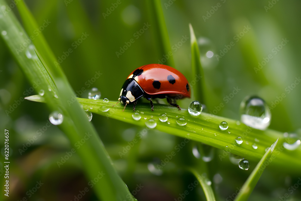 Closeup of ladybug on grass, Generative AI Closeup of ladybug on grass, Generative AI