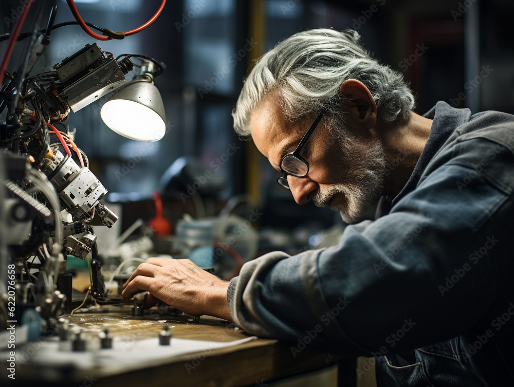An Elderly Man Repairing a Robotic Arm in a High-Tech Lab | Generative AI