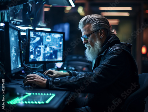 A Senior Man Working on a Cybersecurity Project in a High-Tech Environment   Generative AI © Nathan Hutchcraft