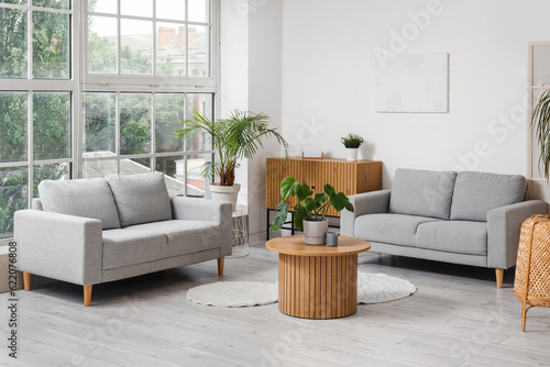 Interior of light living room with stylish grey sofas, drawers, table and houseplants