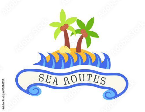 Sea pirate concept. Deserted island with palm trees and coconuts, plants and sand, sea and waves. Sticker with text for apps and web. Cartoon flat vector illustration isolated on white background