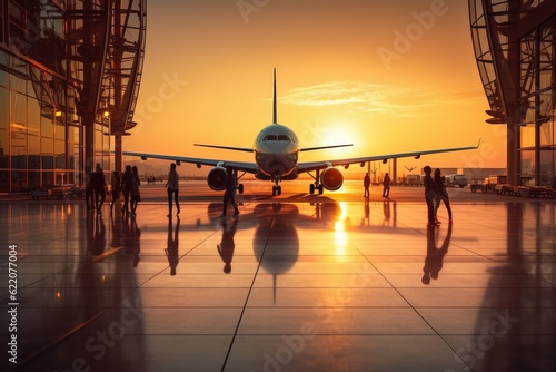 Passengers boarding the plane at sunset