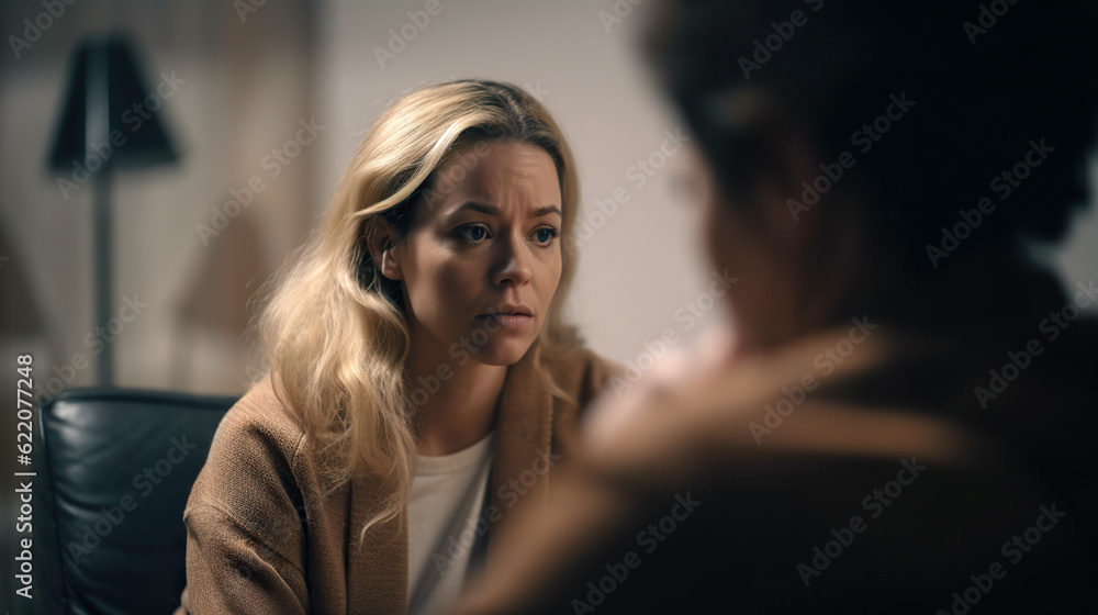 Depressed woman during therapeutic Session with a Psychiatrist - generative AI - AI generated Depressed woman during therapeutic Session with a Psychiatrist - generative AI - AI generated