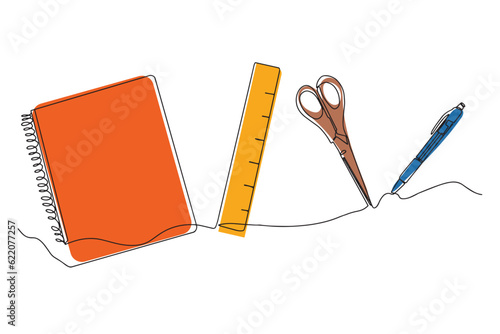 School supplies drawn in one line on a white background. Back to school. Vector illustration