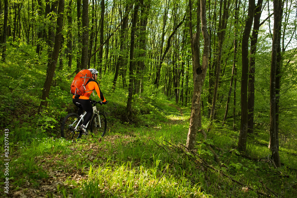 Biker in orange jersey travels on the forest road