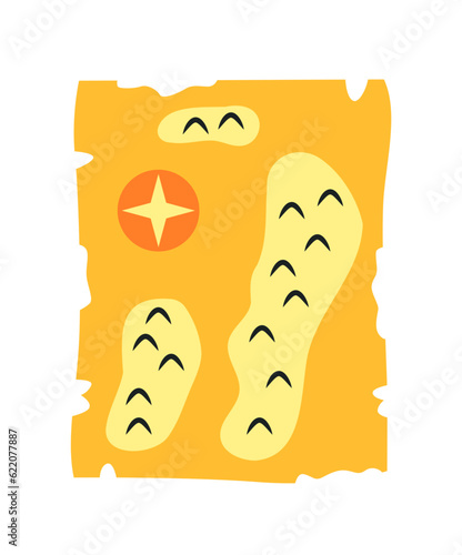 Sea pirate concept. Stieker with map of buried treasure with gold. Colorful element with navigation and path for social media and website. Cartoon flat vector illustration isolated on white background
