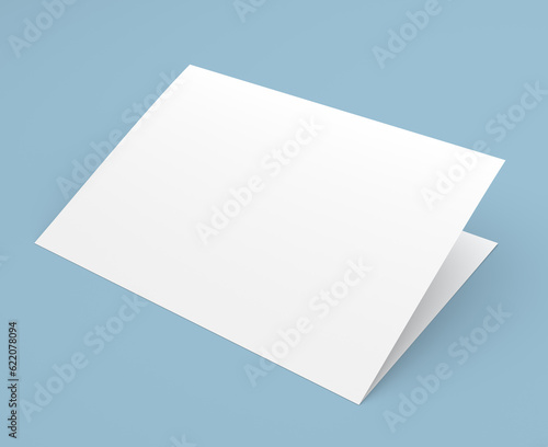 Blank folded flyer, booklet, postcard, business card or brochure mockup template on blue background