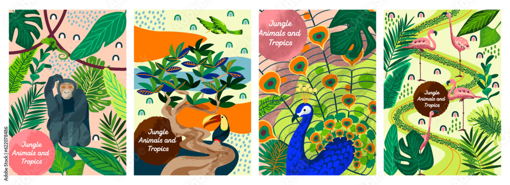 Fototapeta Tropical jungle poster set. Banners with flamingo and peacock, hummingbird and toucan, monkey and chameleon. Cover with foliage and plants, exotic birds and animal. Cartoon flat vector illustrations