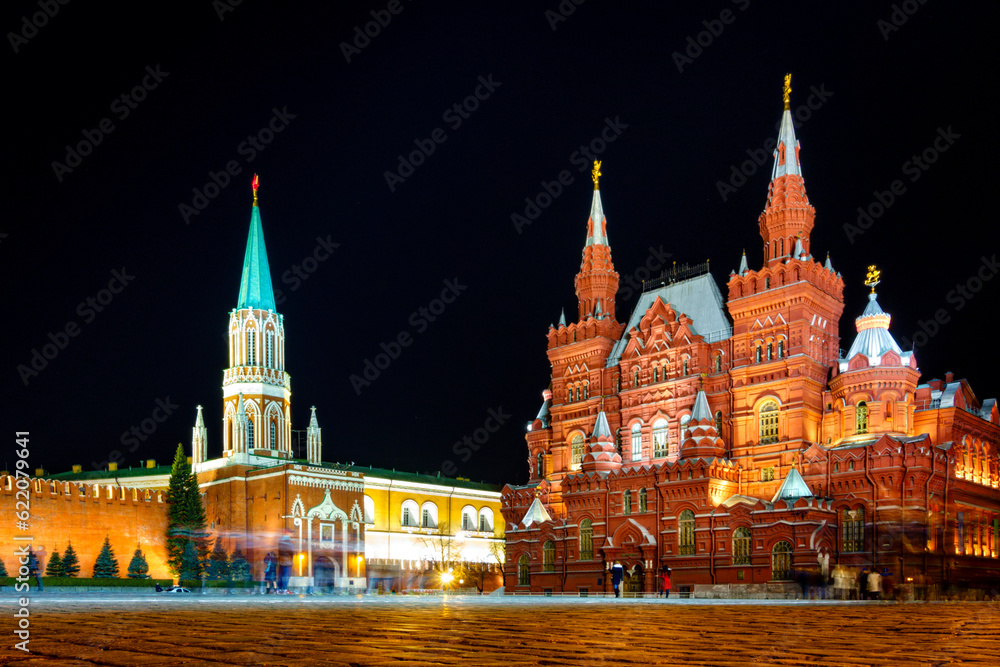 Nighttime view of State Historical Museum on the Red Square in Moscow, Russia