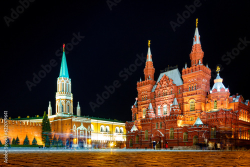 Nighttime view of State Historical Museum on the Red Square in Moscow, Russia
