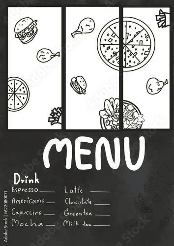 Food menu templates and space to customize for promotion or restaurant use. Media and Advertisingฺ.Black and white illustrations and hand drawn techniques.Doodle style.