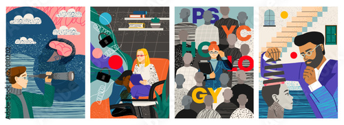 Posters with psychology set. Abstract covers with psychologists and psychiatrists who treat mental problems and illnesses of patients. Anxiety, depression and apathy. Cartoon flat vector illustrations