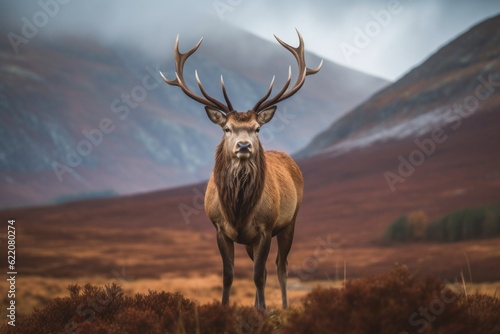 Portrait of a free and wild deer  captured in the mountains. Generative AI