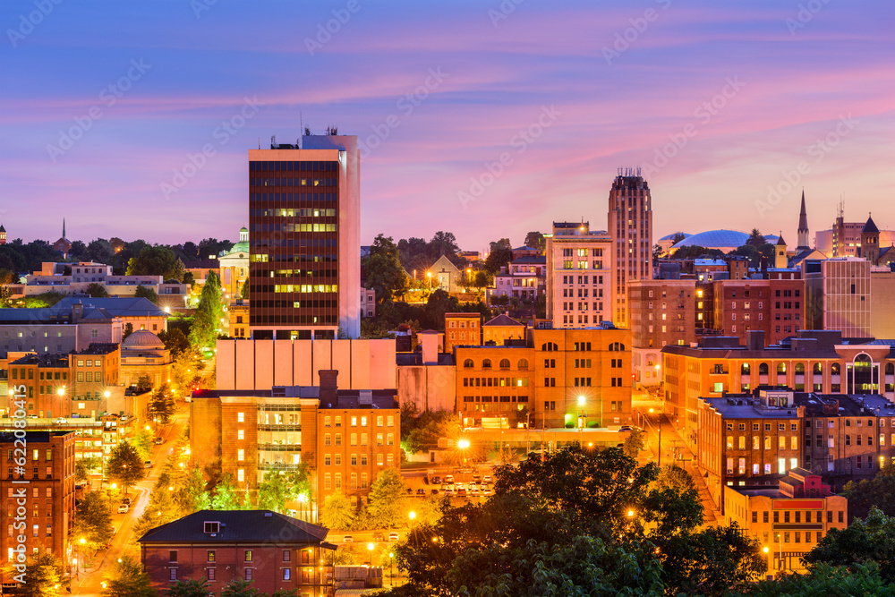 Lynchburg, Virginia, USA downtown city skyline at dusk.