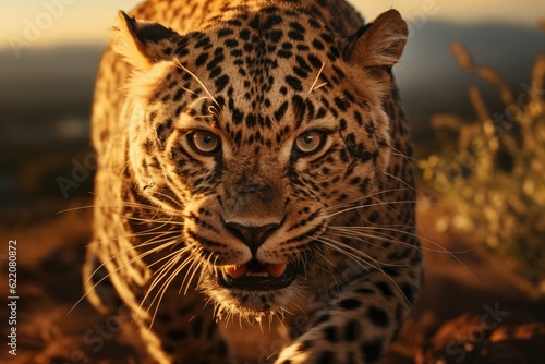 The grace and power of a leopard sprinting through the savannah at dusk. Generative AI