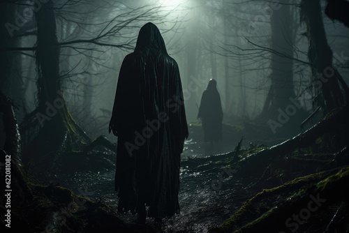 A cloaked figure standing at the entrance of a sinister forest. Halloween Concept. Generative AI