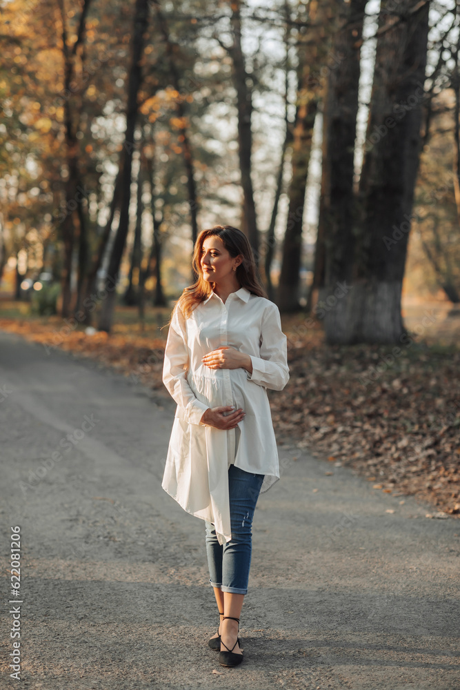 Portrait of a happy and beautiful pregnant woman looking at the light in the park at sunset. The beauty of a woman during pregnancy. How to be happy and healthy in autumn. Autumn mood. Portrait of a happy and beautiful pregnant woman looking at the light in the park at sunset. The beauty of a woman during pregnancy. How to be happy and healthy in autumn. Autumn mood.