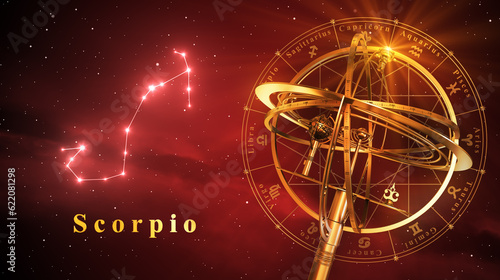 Armillary Sphere And Constellation Scorpio Over Red Background. 3D Illustration.