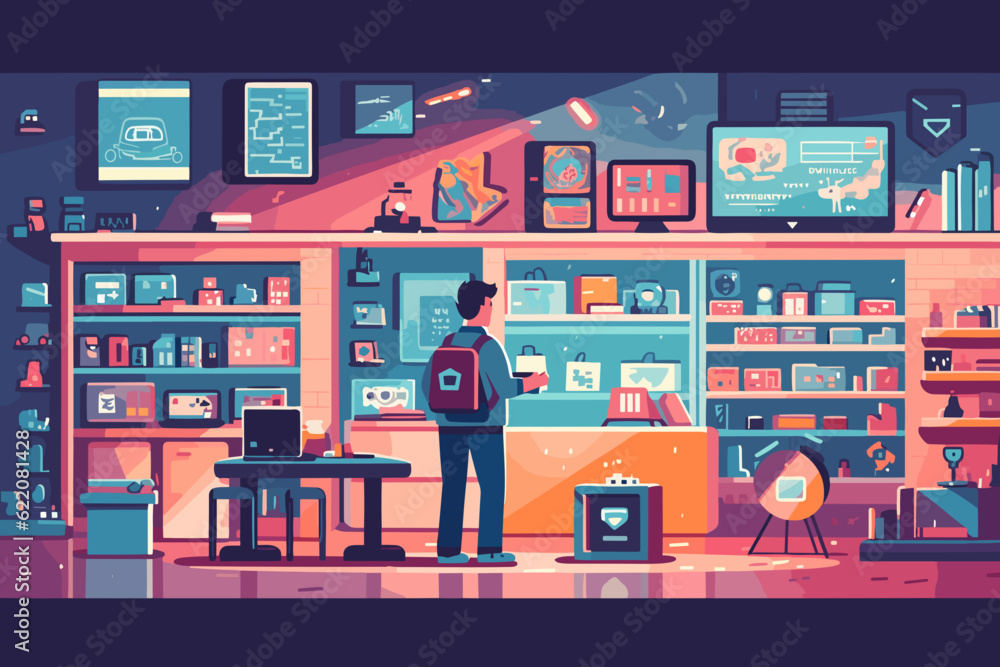 Hand-drawn cartoon Video game designer at video game store flat art