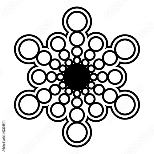 Symbol of the sun with rays emanating from a center, enclosed by a continuous border. The six largest circles forming a hexagram. Modeled after a crop circle pattern found near Beauworth, Hampshire.