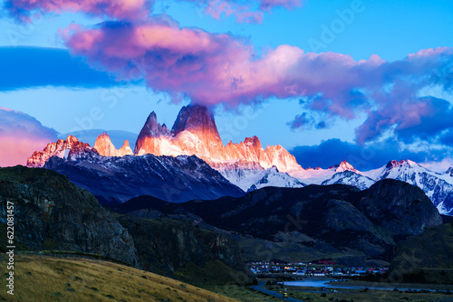 Fitz Roy mountain and El Chalten Village in the morning