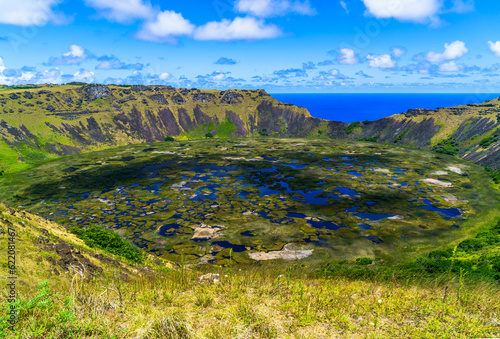 The crater of Rano Kau at Easter Island and The Pacific Ocean photo
