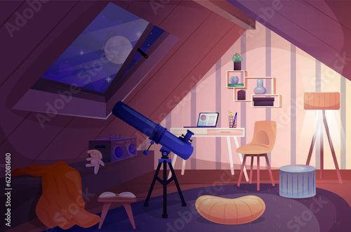 Telescope in room. Equipment for study of star and space, panets and comets. Astranomy and astrology concept. Bedroom with furniture, gadget and window with night sky. Cartoon flat vector illustration photo