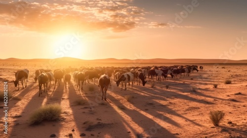 cows graze in the pasture at sunset. Generative AI 