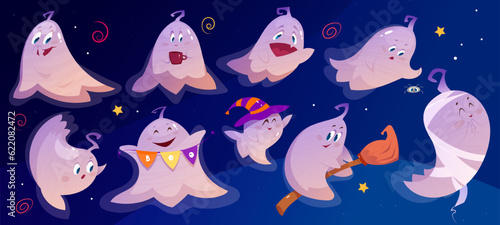 Cute friendly ghost. Set with funny spooky characters with different emotions and costumes. Stickers with Halloween demons for apps and social media. Cartoon flat vector isolated on blue background