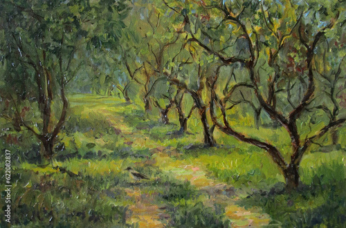 Apple trees in russian summer park  oil painting