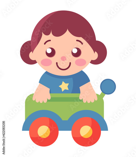 Smiling toddler driving cute toy car vector